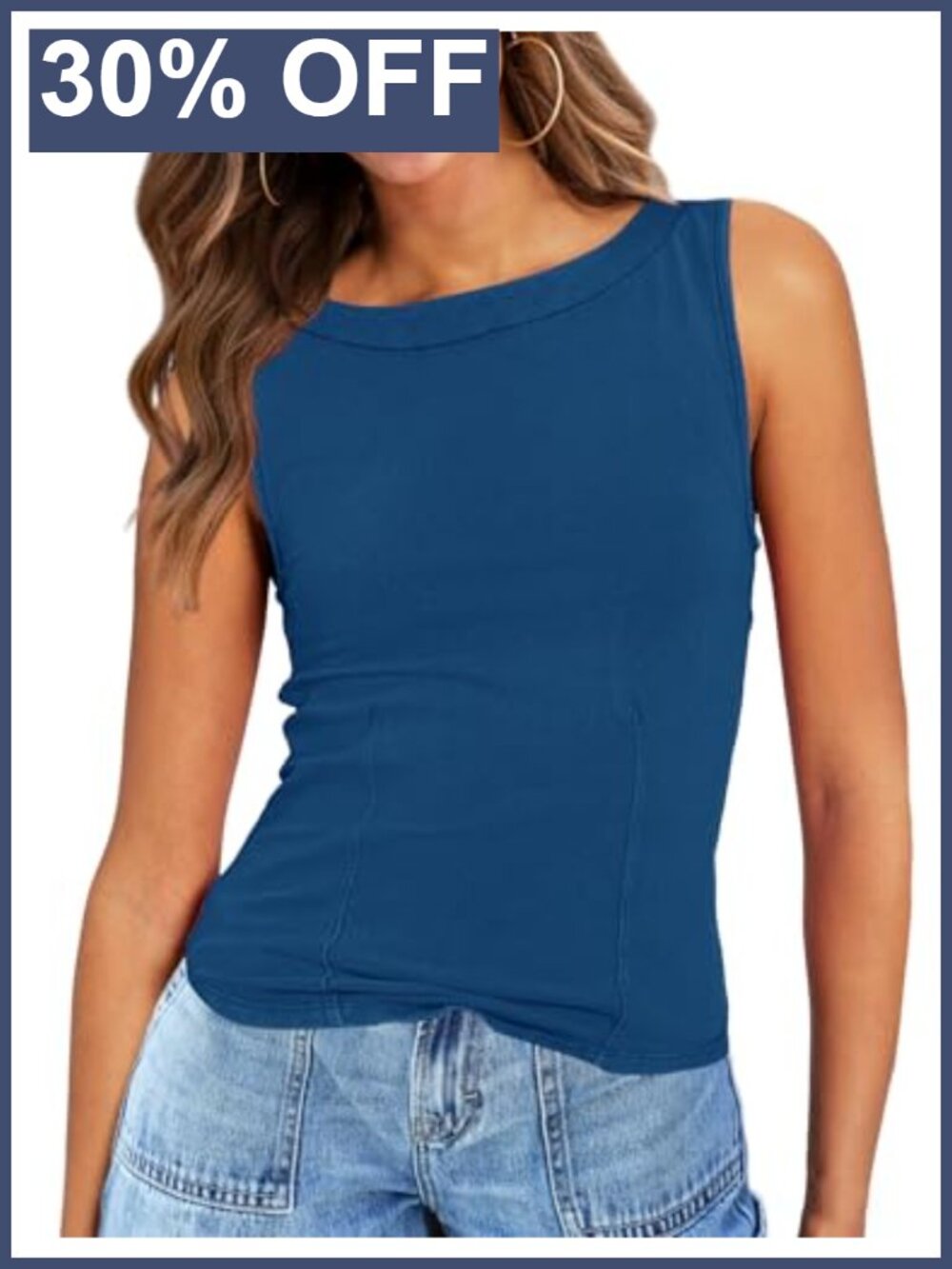 Sleeveless Boat Neck Tank Top Summer Slim Fit Cami Shirt